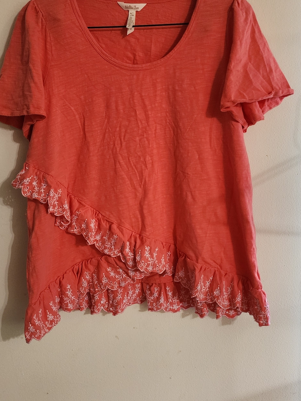 Matilda Jane Coral Ruffled Eyelet Hem Short Sleeve Top Size S (4-6)